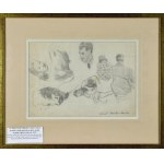 Stanislaw KAMOCKI (1875-1944), Různé skici: studenti při hodinách kreslení, portrétní studie hlav, studie těla a hlavy vola, asi 1925