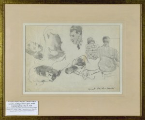 Stanisław KAMOCKI (1875-1944), Szkice różne: studenci w trakcie lekcji rysunku, studia portretowe głów, studia korpusu i głowy woła, ok. 1925