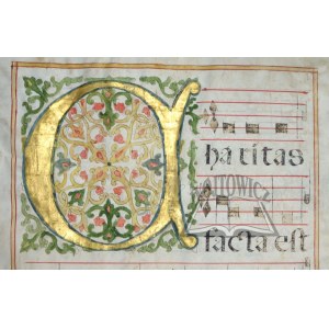 (MANUSCRIPT with text and note notation on parchment card). Charitas facta est in corde ejus ....