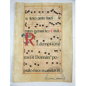 (MANUSCRIPT with text and note notation on parchment card). Redemptiónem misit Dóminus pópulo suo. ....