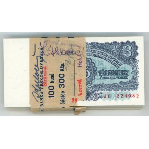 Czechoslovakia Original Bundle with 100 Banknotes 3 Koruny 1961 Consecutive Numbers