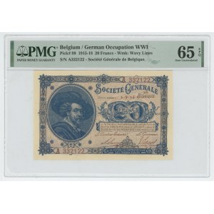Belgium 20 Francs 1915 PMG 65 EPQ Gem UNC