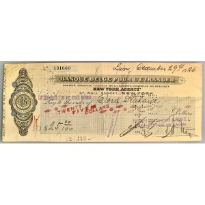 Belgium Banque Belge pour l'Etranger New York Agency Check for 25 Dollars 1926