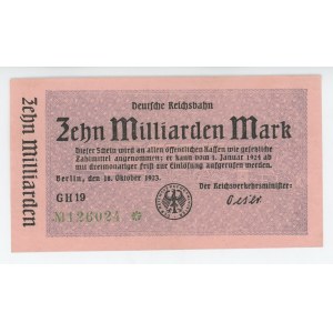 Germany - Weimar Republic German Railroad Berlin 10 Milliarden Mark 1923 Uniface