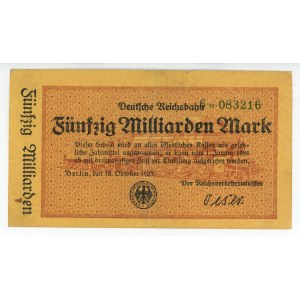 Germany - Weimar Republic German Railroad Berlin 50 Milliarden Mark 1923 Uniface