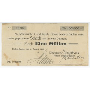 Germany - Weimar Republic Check of Rheinische Creditbank for 1000000 Mark 1923