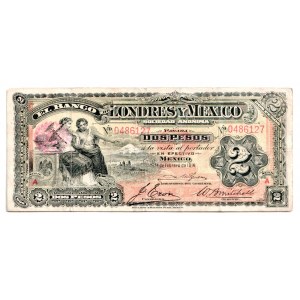 Mexico Banco de Londres y Mexico 2 Pesos 1914