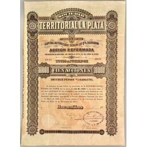 Argentina Sociedad Territorial La Plata Buenos Aires Titulo al Portador de 100 Acciones 1888