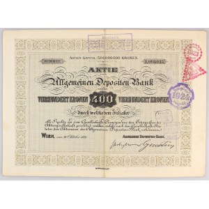 Austria Share of Allgemeine Depositen-Bank in Wien for 400 Kronen 1921