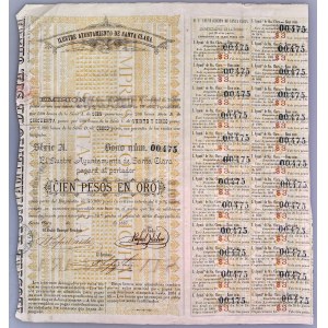 Cuba Ilustre Ayuntamiento de Santa Clara 6% Obligacion de 100 Pesos Oro. 1887