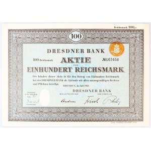 Germany - Third Reich Share of Dresdner Bank for 100 Reichsmark 1933