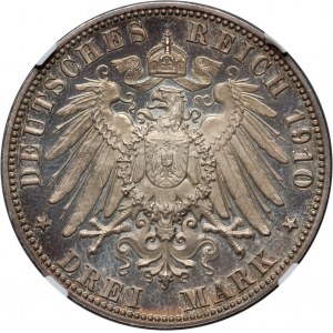 Nemecko, Sasko, Fridrich August III, 3 marky 1910 E, Muldenhütten, zrkadlová známka (proof)