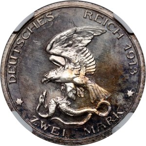 Nemecko, Prusko, Wilhelm II, 2 marky 1913 A, Berlín, 100. výročie bitky pri Lipsku, zrkadlová známka (proof)