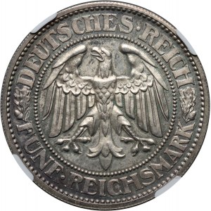 Nemecko, Weimarská republika, 5 mariek 1927 A, Berlín, dub, zrkadlová známka (proof)