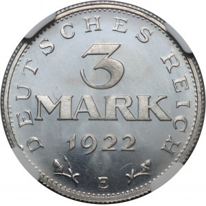 Deutschland, Weimarer Republik, 3 Mark 1922 E, Muldenhütten, Spiegelmarke (Proof)