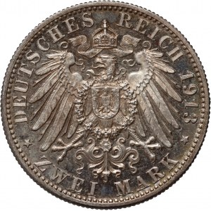 Germany, Wurttemberg, Wilhelm II, 2 Mark 1913 F, Stuttgart, PROOF