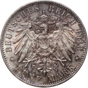 Germany, Wurttemberg, Wilhelm II, 5 Mark 1913 F, Stuttgart