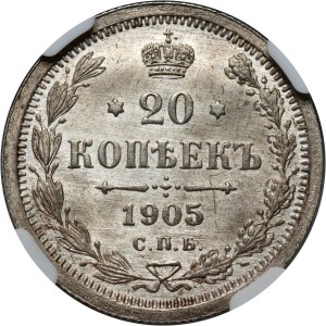 Rusko, Mikuláš II., 20 kopějek 1905 СПБ AP, Petrohrad