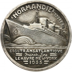 Francja, medal w srebrze z 1935 roku, pierwszy rejs statku Normandie z Le Havre do Nowego Jorku
