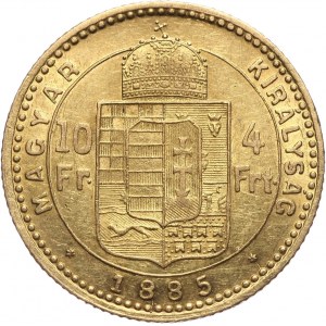 Hungary, Franz Josef I, 4 Forint = 10 Francs 1885 KB, Kremnitz