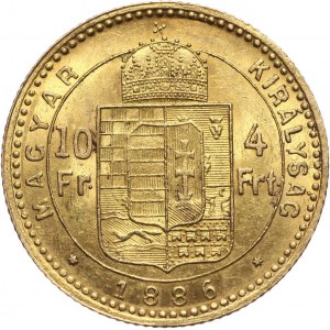 Hungary, Franz Josef I, 4 Forint = 10 Francs 1886 KB, Kremnitz