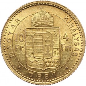 Węgry, Franciszek Józef I, 4 forinty = 10 franków 1887 KB, Kremnica