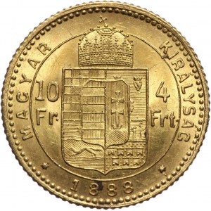 Hungary, Franz Josef I, 4 Forint = 10 Francs 1888 KB, Kremnitz
