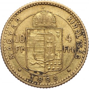 Hungary, Franz Josef I, 4 Forint = 10 Francs 1889 KB, Kremnitz