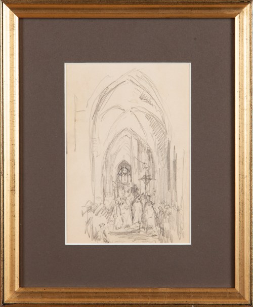 Józef PIENIĄŻEK (1888 - 1953), Wierni wewnątrz gotyckiego kościoła
