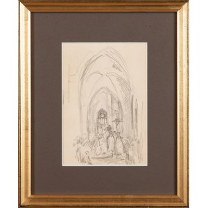 Jozef PIENIĄŻEK (1888 - 1953), The faithful inside a Gothic church