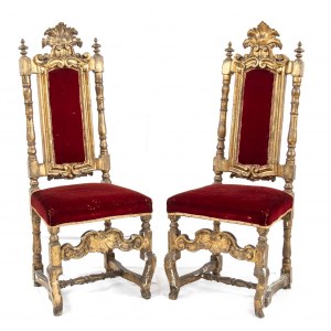 Pair of Italian gilt armchairs - Venetian, 18th century, finely carved and gilded, the seats in red velvet. Dimensions 137 x 53 x 48 cm. Item condition grading: *** fair.