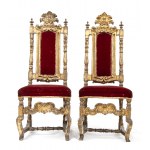 Pair of Italian gilt armchairs - Venetian, 18th century, finely carved and gilded, the seats in red velvet. Dimensions 137 x 53 x 48 cm. Item condition grading: *** fair.