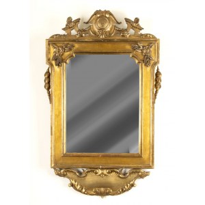 Italian gilded mirror - 18th century, of classical form it is adorned with friezes and carvings. Height x width: 90 x 60 cm. Item condition grading: **** good.