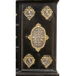 Piedmontese coin cabinet writing desk with metal plates - 18th century, black lacquered, with metal applications on the side doors depicting family members of noble lineage; on the door in the foreground is a coat of arms surrounded by faces of rulers. Th