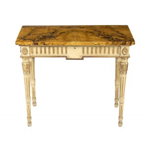 Venetian lacquered and gilded console table - 18th century, in white and gold. Carved and sculpted throughout, the front and sides are embellished with laurel leaf festoons. The four truncated cone-shaped legs are fluted and adorned with carved leaves at 