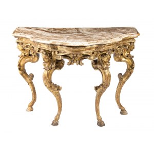 Tuscan console table with marble top - first part of the 18th century, in carved wood lacquered with gold, top in Egyptian alabaster cotognino marble (lapis onyx ) and cabriolet legs depicting caryatids. Height x width x depth: 79 x 104 x 55 cm. Item cond