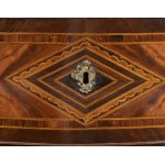 Naples chest of d18th-century Neapolitan inlaid walnut chest awers, The top is made of yellow Siena marble. The panelled wooden frame has slight missing or damaged parts, while the marble top may have scratches and missing parts. Sabre legs with gilded br