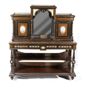 English Victorian sideboard inlaid with Sevres plates - 19th century, in ebonised wood and tuja burl, inlaid with fruit wood and purple ebony. The upper part is embellished with ceramic plaques from Sevres with bronze frames. The central drawer conceals a