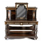English Victorian sideboard inlaid with Sevres plates - 19th century, in ebonised wood and tuja burl, inlaid with fruit wood and purple ebony. The upper part is embellished with ceramic plaques from Sevres with bronze frames. The central drawer conceals a