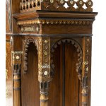 Ivory and mother-of-pearl inlaid sideboard - 19th century, walnut with oriental-style architecture, inlaid with geometric patterns, arabesques and Arabic inscriptions in fruitwood and bone Height x width x depth: 286 x 175 x 76 cm. Item condition grading: