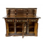 Ivory and mother-of-pearl inlaid sideboard - 19th century, walnut with oriental-style architecture, inlaid with geometric patterns, arabesques and Arabic inscriptions in fruitwood and bone Height x width x depth: 286 x 175 x 76 cm. Item condition grading: