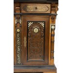 Ivory and mother-of-pearl inlaid sideboard - 19th century, walnut with oriental-style architecture, inlaid with geometric patterns, arabesques and Arabic inscriptions in fruitwood and bone Height x width x depth: 286 x 175 x 76 cm. Item condition grading: