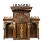 Ivory and mother-of-pearl inlaid sideboard - 19th century, walnut with oriental-style architecture, inlaid with geometric patterns, arabesques and Arabic inscriptions in fruitwood and bone Height x width x depth: 286 x 175 x 76 cm. Item condition grading: