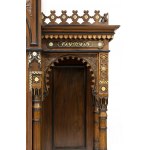 Ivory and mother-of-pearl inlaid sideboard - 19th century, walnut with oriental-style architecture, inlaid with geometric patterns, arabesques and Arabic inscriptions in fruitwood and bone Height x width x depth: 286 x 175 x 76 cm. Item condition grading: