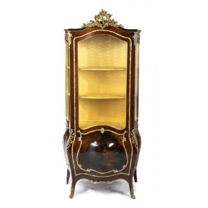 French cabinet in the style of 'Vernis Martin' - 19th century, veneered in mahogany and purple ebony, painted with scenes of life typical of the French countryside. Resting on cabriolet legs embellished with bronzes, it has the lower part of the door curv