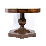 Charles X inlaid table with marble top - first half 19th century, octagonal shape, mahogany veneer, marble top. Height x width x depth: 77 x 100 x 100 cm. Item condition grading: **** good.