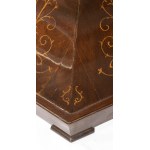 Charles X inlaid table with marble top - first half 19th century, octagonal shape, mahogany veneer, marble top. Height x width x depth: 77 x 100 x 100 cm. Item condition grading: **** good.