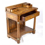 Dutch Empire inlaid mahogany console table - 19th century, with fruitwood inlays; the top has a small riser that holds two side drawers. A single large drawer under the top. The front legs are column-shaped, adorned at the top and bottom with chiselled br