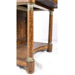 Dutch Empire inlaid mahogany console table - 19th century, with fruitwood inlays; the top has a small riser that holds two side drawers. A single large drawer under the top. The front legs are column-shaped, adorned at the top and bottom with chiselled br