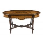 French Napoleon III inlaid desk - 19th century, mahogany with fruitwood inlay. Height x width x depth: 73 x 130 x 75 cm. Item condition grading: **** good.